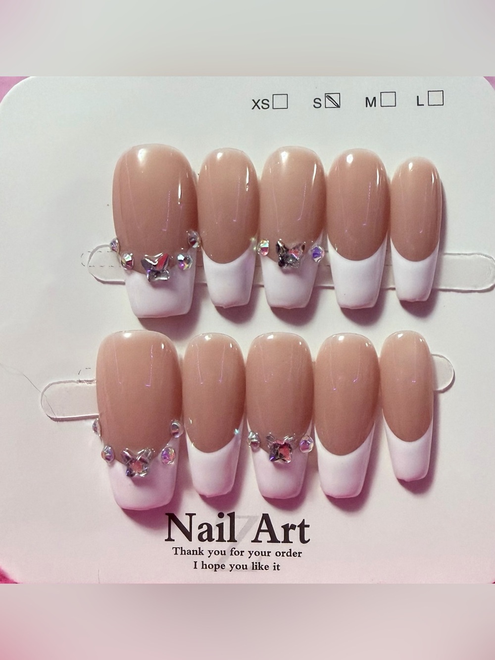 Nude and White French Tip Press-On Nail Set with Rhinestones